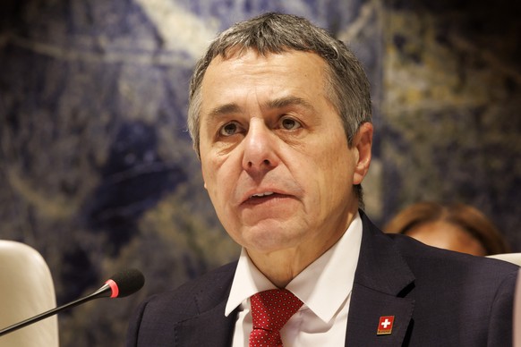 Swiss Foreign Minister Ignazio Cassis delivers his remarks, during the International Conference on Climate-Resilient Pakistan, at the European headquarters of the United Nation, in Geneva, Switzerland ...