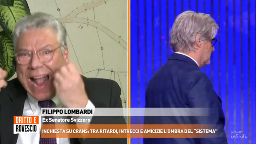 Rete-4-Moderator Paolo Del Debbio wendet sich demonstrativ ab und lässt den tobenden Filippo Lombardi ins Leere laufen.