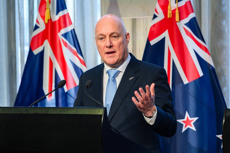NZ GOVERNMENT, incoming Prime Minister Christopher Luxon speaking at the announcement of the new Govenment in NZ in the Banquet Hall in Parliament Buildings in Wellington, New Zealand, Friday, Novembe ...