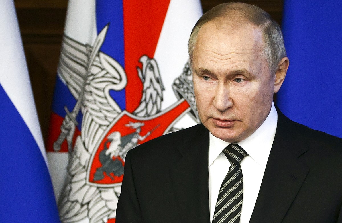 Russian President Vladimir Putin addresses an extended meeting of the Russian Defense Ministry Board at the National Defense Control Center in Moscow, Russia, Tuesday, Dec. 21, 2021. The Russian presi ...