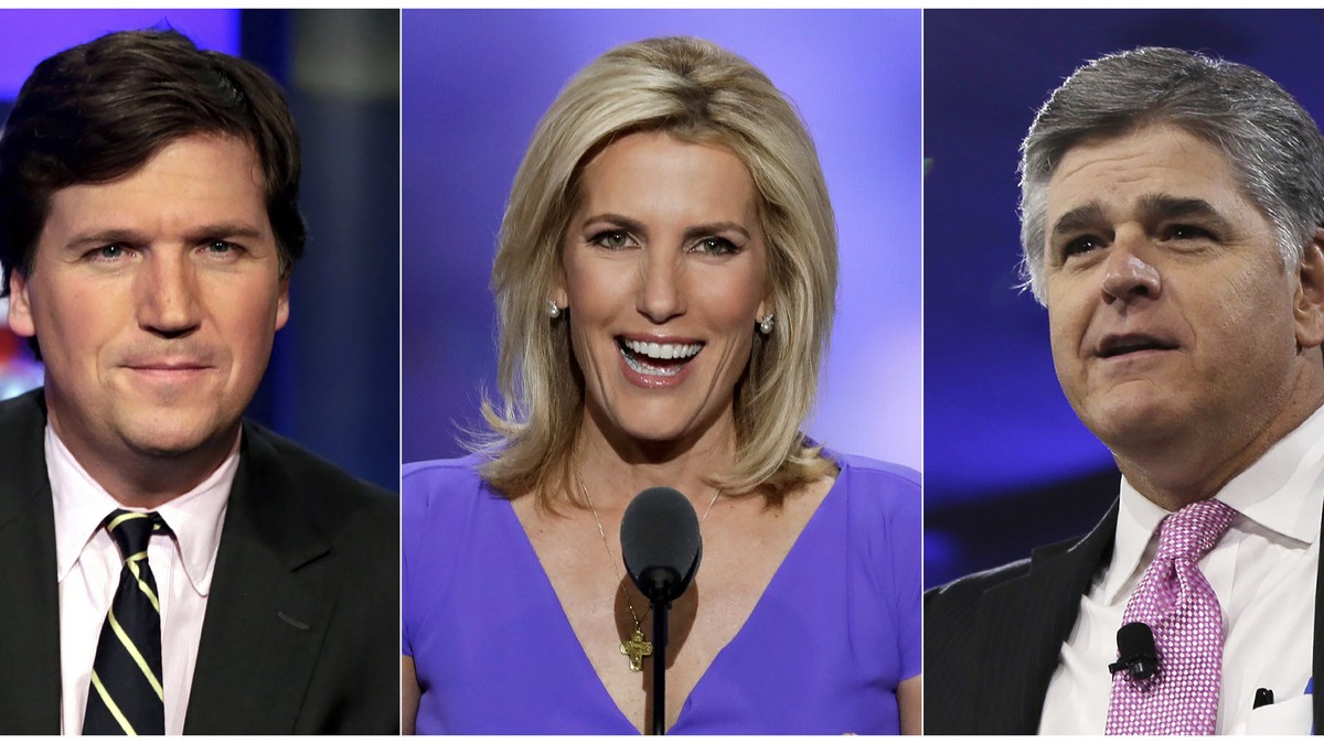 This combination photo shows, from left, Tucker Carlson, host of "Tucker Carlson Tonight," Laura Ingraham, host of "The Ingraham Angle," and Sean Hannity, host of "Hannity&quo ...