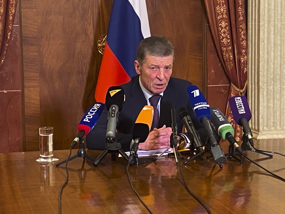 Deputy Chief of Staff of the Presidential Executive Office Dmitry Kozak addresses the media during a news conference at the Russian embassy in Berlin, Germany, early Friday, Feb. 11, 2022. Foreign pol ...