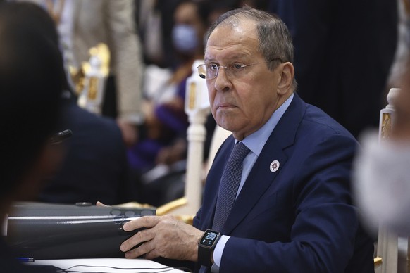 In this photo released by Russian Foreign Ministry Press Service, Russian Foreign Minister Sergey Lavrov attends the 12th East Asia Summit foreign ministers&#039; meeting in Phnom Penh, Cambodia, Frid ...