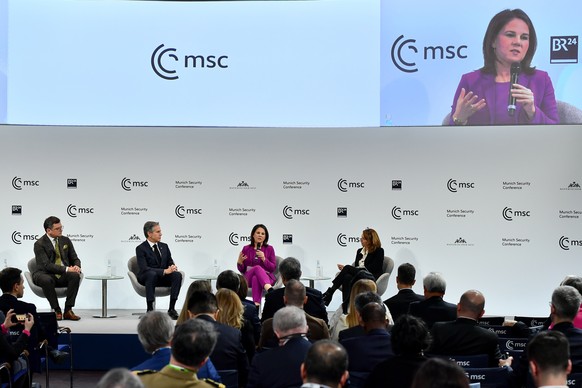 epa10475441 (LR) Foreign Minister of Ukraine Dmytro Kuleba, US Secretary of State Antony Blinken and German Foreign Minister Annalena Baerbock at the 59th Munich Security Conference (MSC) in…