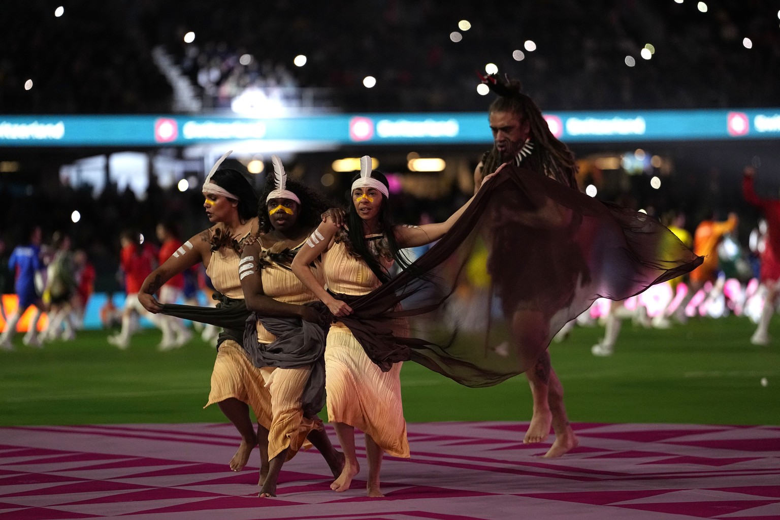 Dancers perform during the opening ceremony ahead of the Women&#039;s World Cup soccer match between New Zealand and Norway in Auckland, New Zealand, Thursday, July 20, 2023. (AP Photo/Abbie Parr)