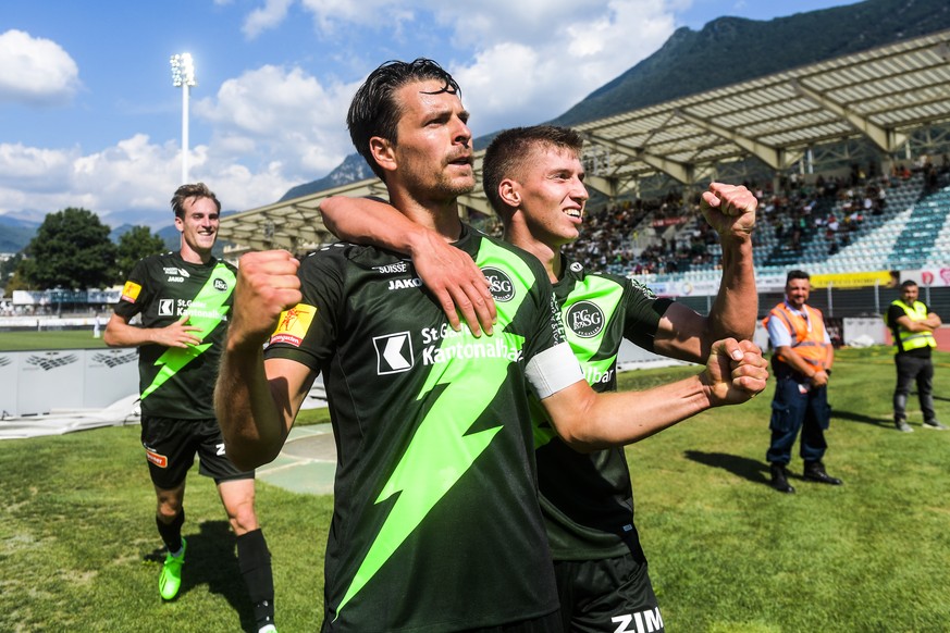 St. Gallen's player Lukas Goertler, center, celebrates with his teammates the 1-3 goal, during the pre-season friendly match between FC Lugano and FC St. Gallen, in the Cornaredo Stadium in Lugano, on ...