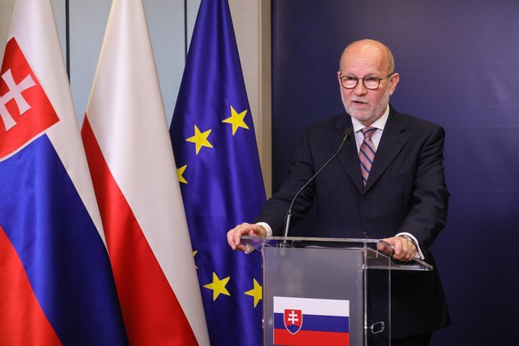 epa10236366 Slovakian Foreign Minister Rastislav Kacer during a press conference after his meeting with Polish Foreign Minister Zbigniew Rau at the headquarters of the Polish Foreign ministry in Warsa ...