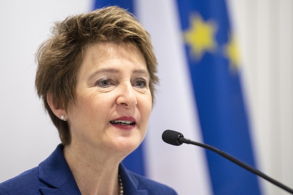 epa07238415 Swiss Federal Councillor Simonetta Sommaruga speaks during a ceremony for the inauguration of a memorial plaque to commemorate the reception of refugees in Switzerland coming from Czechosl ...