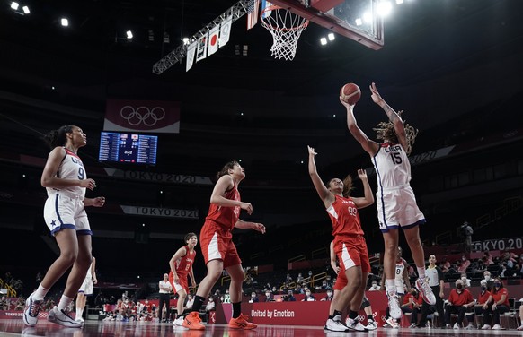 United States&#039;s Brittney Griner (15) shoots over Japan&#039;s Monica Okoye (99) during women&#039;s basketball gold medal game at the 2020 Summer Olympics, Sunday, Aug. 8, 2021, in Saitama, Japan ...