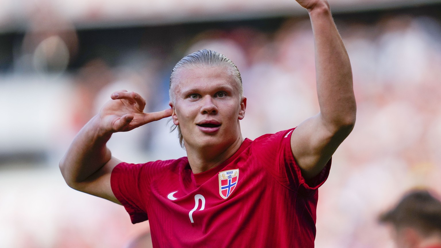 Norway's Erling Braut Haaland celebrates scoring during the Nations League soccer match between Norway and Sweden at Ullevaal Stadium in Oslo, Sunday June 12, 2022. (Javad Parsa/NTB via AP)