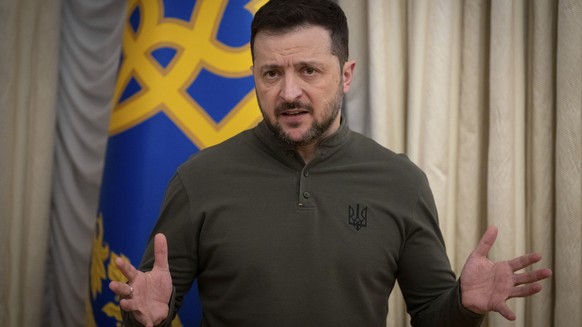 Ukrainian President Volodymyr Zelenskyy speaks during the briefing with President of the European Investment Bank Nadia Calvino in Kyiv, Ukraine, Monday, Feb. 10, 2025. (AP Photo/Efrem Lukatsky)