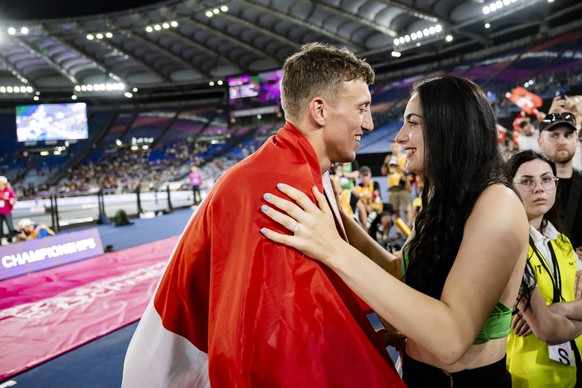 Bronze medalist Simon Ehammer of Switzerland celebrates wit girlfriend Tatjana Meklau during the men's long jump final at the European Athletics Championships, in the Olympic stadium, in Rome, It ...
