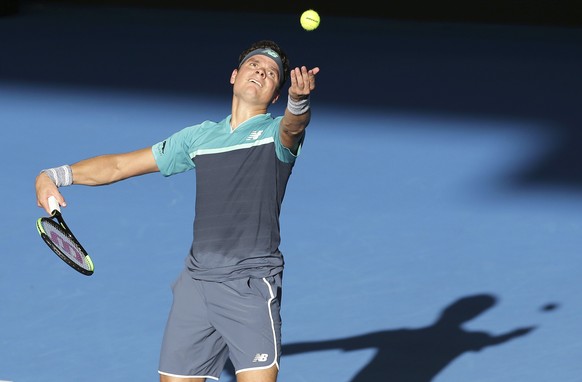 Milos Raonic of Canada serves during his quarter final match against Daniil Medvedev of Russia at the Brisbane International tennis tournament in Brisbane, Australia, Friday, Jan. 4, 2019. (AP Photo/T ...