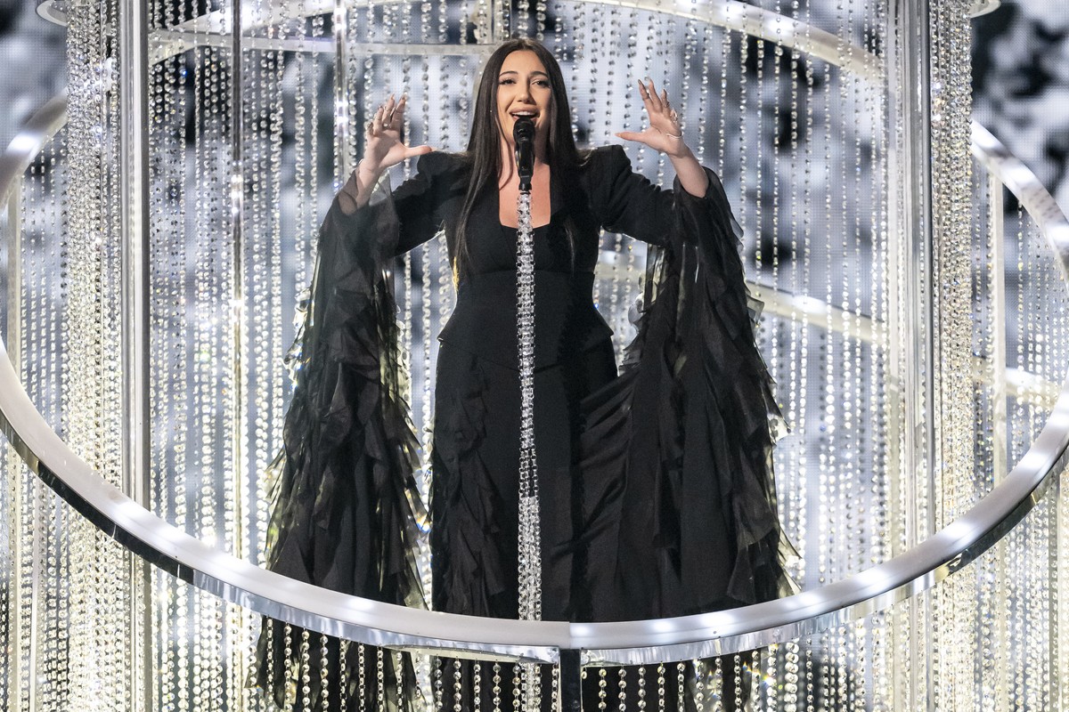 Israel's Yuval Raphael performs the song "New Day Will Rise" during the dress rehearsal and preview show of the second semi-final at the 69th Eurovision Song Contest in Basel, Switzerla ...