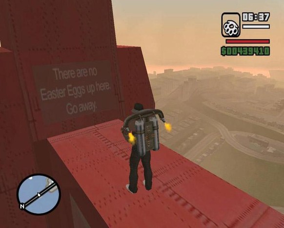 5 der besten Easter Eggs der Game-Geschichte\nAuf der grossen BrГјcke in GTA San Andreas gab es auf alle FГ¤lle KEIN Easter Egg. Verschwindet! рџ¤Ј