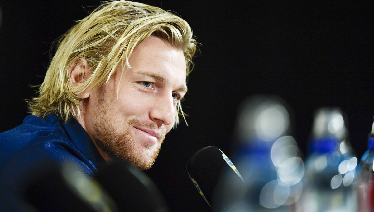 epa09518477 Sweden's Emil Forsberg attends a press conference on the eve of the FIFA World Cup group B qualification soccer match against Greece at Friends Arena in Solna, Stockholm, Sweden 11 Oc ...