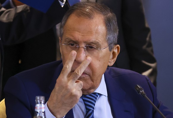 In this handout photo released by Russian Foreign Ministry Press Service, Russian Foreign Minister Sergey Lavrov gestures during a signing ceremony on the sidelines of the Collective Security Council  ...