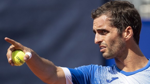 epa07741578 Albert Ramos-Vinolas of Spain reacts to Roberto Carballes Baena of Spain during a quarter final game at the Swiss Open tennis tournament in Gstaad, Switzerland, 26 July 2019. EPA/PETER SCH ...