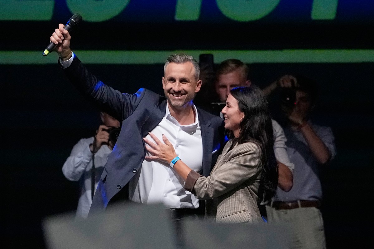 Top candidate Ulrich Siegmund celebrates with his wife Julia at an election party of the "Alternative for Germany" (AfD) after the Saxony-Anhalt state elections in Magdeburg, eastern Germany ...