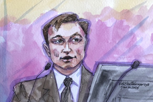 In this courtroom sketch, Elon Musk appears in federal court in San Francisco, Friday, Jan. 20, 2023. Musk took the witness stand to defend a 2018 tweet claiming he had lined up the financing to take  ...