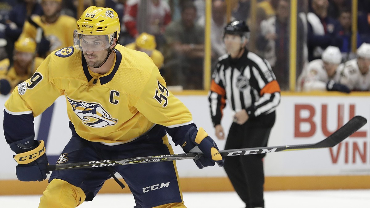 Nashville Predators defenseman Roman Josi, of Switzerland, winds up to shoot against the Florida Panthers during the second period of the second game in an NHL hockey preseason doubleheader Tuesday, S ...