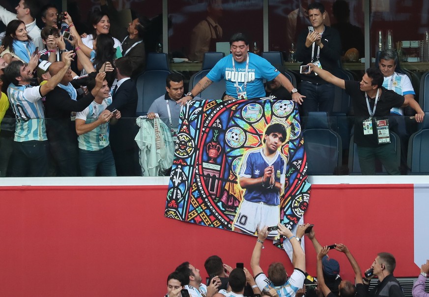 epa06842385 Argentinian soccer legend Diego Maradona before the FIFA World Cup 2018 group D preliminary round soccer match between Nigeria and Argentina in St.Petersburg, Russia, 26 June 2018.

(RES ...