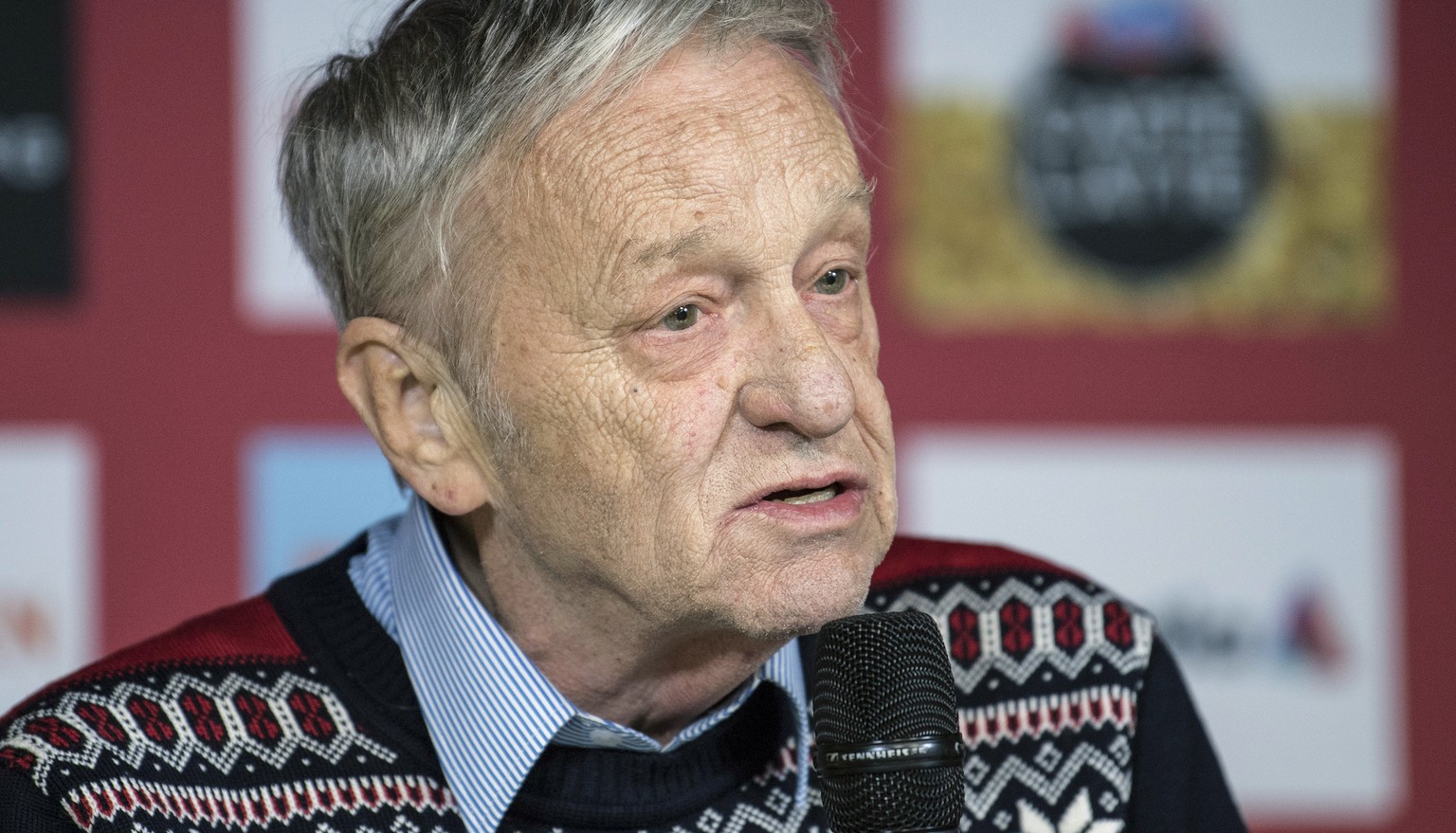 FILE - In this Feb. 19, 2017, file photo, Gian Franco Kasper, president of the International Ski Federation, speaks during a press conference in St. Moritz, Switzerland. A group of winter sports athle ...