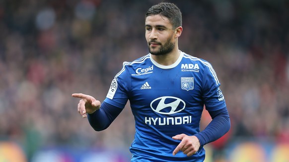 Lyon&#039;s forward Nabil Fekir jubilates as he scored the first goal during his French League One soccer match against Guingamp, in Guingamp, westernFrance, Saturday, April 4, 2015. Lyon won 3-1. (AP ...