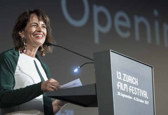 Doris Leuthard, member of the Swiss Federal Council, speaks on the Opening Night of the 13th Zurich Film Festival (ZFF) in Zurich, Switzerland, Thursday, September 28, 2017. The festival runs from Sep ...