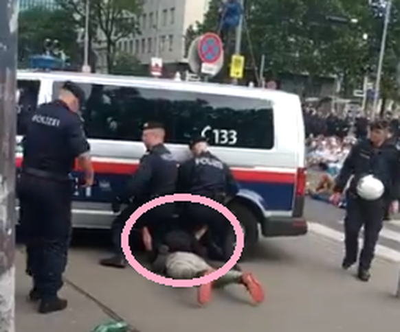 Polizisten ziehen den Demonstranten erst in letzter Sekunde vor dem herannahenden Rad weg.