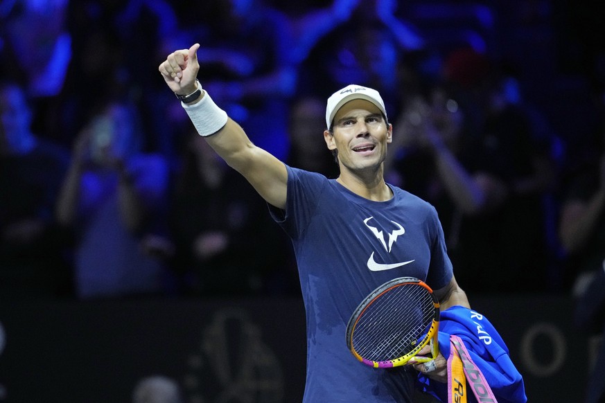 Spain&#039;s Rafael Nadal attends a training session ahead of the Laver Cup tennis tournament at the O2 in London, Thursday, Sept. 22, 2022. (AP Photo/Kin Cheung)