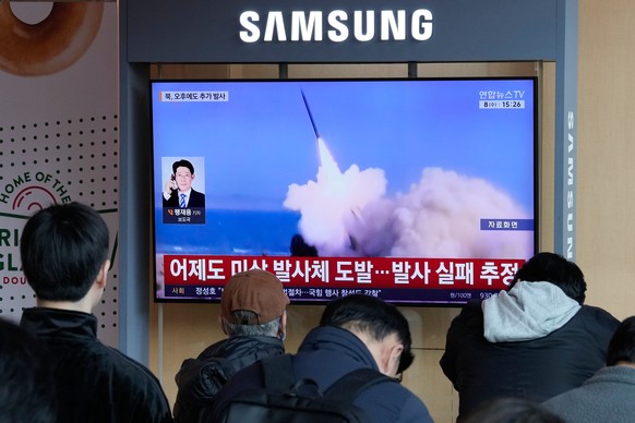 A TV screen shows a file image of North Korea's missile launch during a news program at Seoul Railway Station in Seoul, South Korea, Wednesday, April 8, 2026. (AP Photo/Ahn Young-joon)
South Kore ...