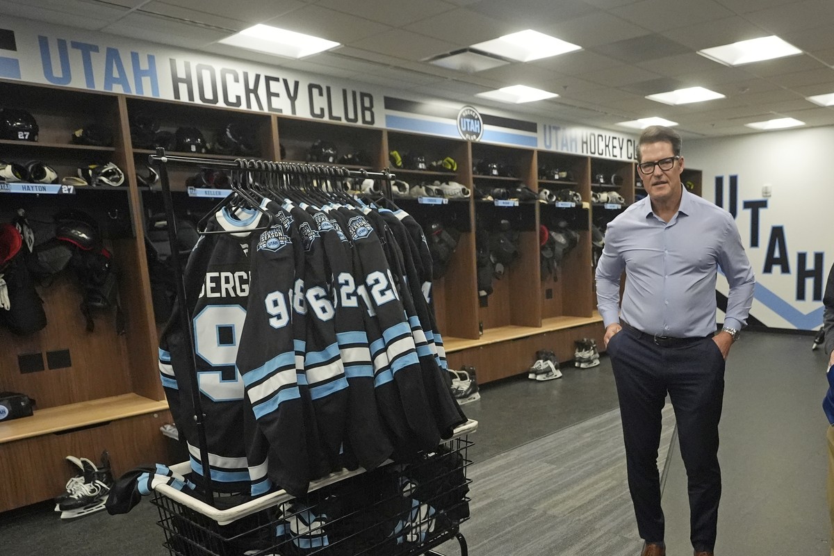 Utah Hockey Club general manager Bill Armstrong speaks during a tour of the new temporary practice facility locker room at the Olympic Oval Tuesday, Sept. 17, 2024, in Kearns, Utah. (AP Photo/Rick Bow ...