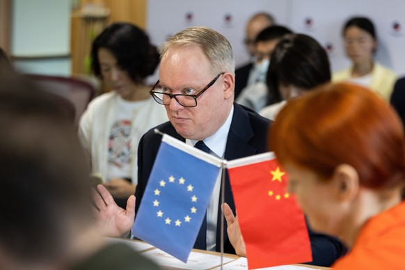 epa12383855 European Chamber President Jens Eskelund speaks at a press conference in Beijing, China, 17 September 2025, where the European Chamber launched its report, European Business in China Posit ...