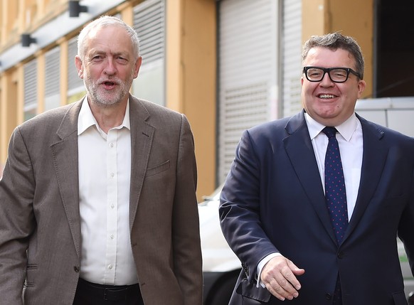 epa05393910 (FILE) A file photo dated 07 June 2016 of British Labour Party leader Jeremy Corbyn (R) and Deputy leader Tom Watson (L), arriving for the launch of a new poster for the Labour &#039;In fo ...