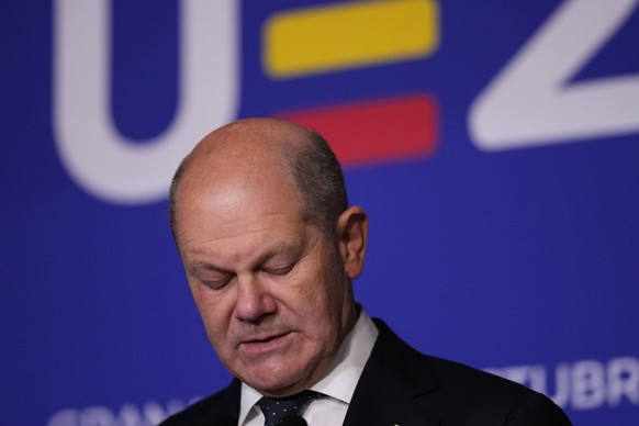 Germany&#039;s Chancellor Olaf Scholz pauses during a news conference on the second day of the Europe Summit in Granada, Spain, Friday, Oct. 6, 2023. European Union leaders have pledged Ukrainian Pres ...