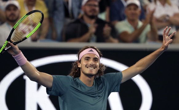 Greece&#039;s Stefanos Tsitsipas celebrates after defeating Georgia&#039;s Nikoloz Basilashvili during their third round match at the Australian Open tennis championships in Melbourne, Australia, Frid ...