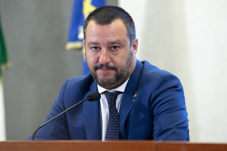 epa07000599 Italian Interior Minister, Matteo Salvini speaks with journalists during a press conference in Rome, Italy, 06 September 2018. Deputy Premier and Interior Minister Matteo Salvini said that ...