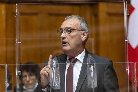 Bundesratspraesident Guy Parmelin spricht zur Grossen Kammer an der Herbstsession der Eidgenoessischen Raete, am Mittwoch, 15. September 2021 im Nationalrat in Bern. (KEYSTONE/Alessandro della Valle)