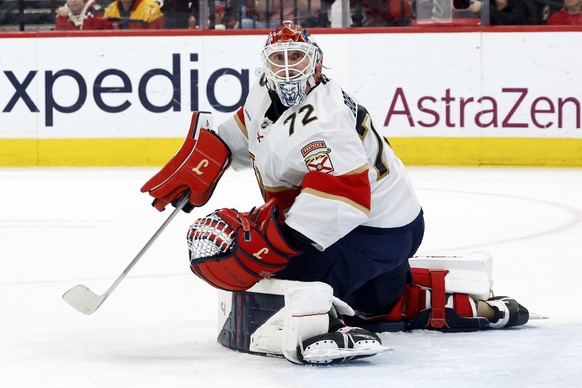 Florida Panthers goaltender Sergei Bobrovsky (72) watches the puck against the Carolina Hurricanes during the second period of Game 5 of the NHL hockey Stanley Cup Eastern Conference finals in Raleigh ...