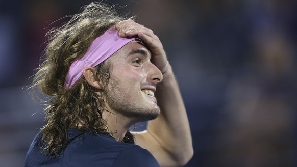 Stefanos Tsitsipas of Greece celebrates after he defeated Gael Monfils of France in their semi final match at the Dubai Duty Free Tennis Championship, in Dubai, United Arab Emirates, Friday, March 1,  ...