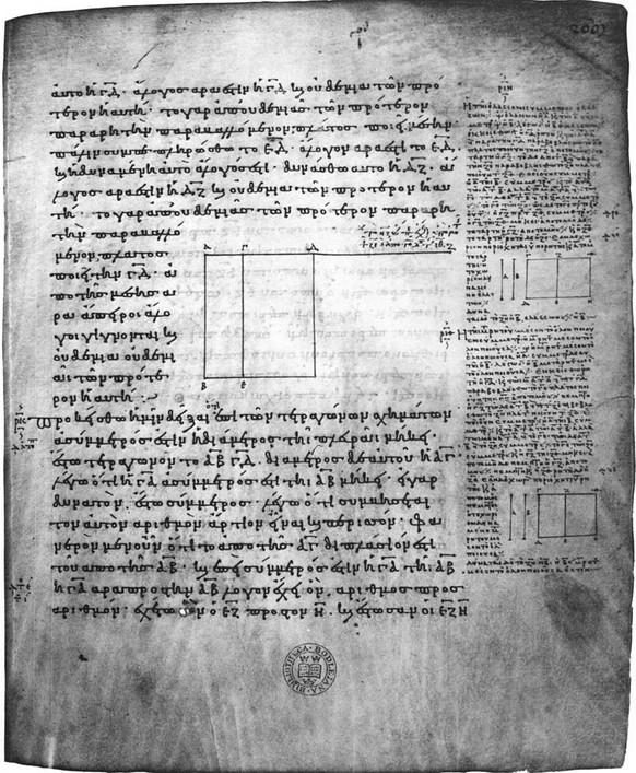 Euklid, Elemente 10, Appendix in der 888 geschriebenen Handschrift Oxford, Bodleian Library, MS. D’Orville 301, fol. 268r.
https://de.wikipedia.org/wiki/Euklid#/media/Datei:Euclid,_Elements_10,_append ...