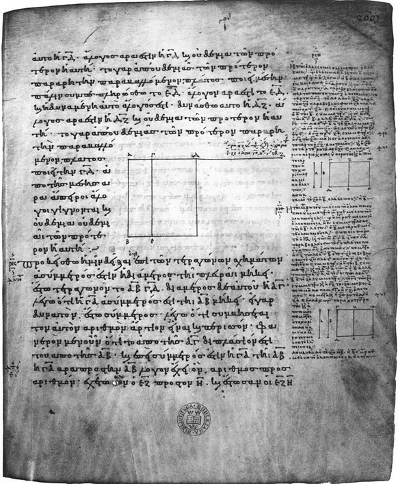 Euklid, Elemente 10, Appendix in der 888 geschriebenen Handschrift Oxford, Bodleian Library, MS. D’Orville 301, fol. 268r.
https://de.wikipedia.org/wiki/Euklid#/media/Datei:Euclid,_Elements_10,_append ...