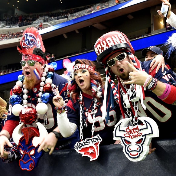 Jan 9, 2016; Houston, TX, USA; Houston Texans fans cheer on their team before a AFC Wild Card playoff football game between the Kansas City Chiefs and the Texans at NRG Stadium. Mandatory Credit: John ...