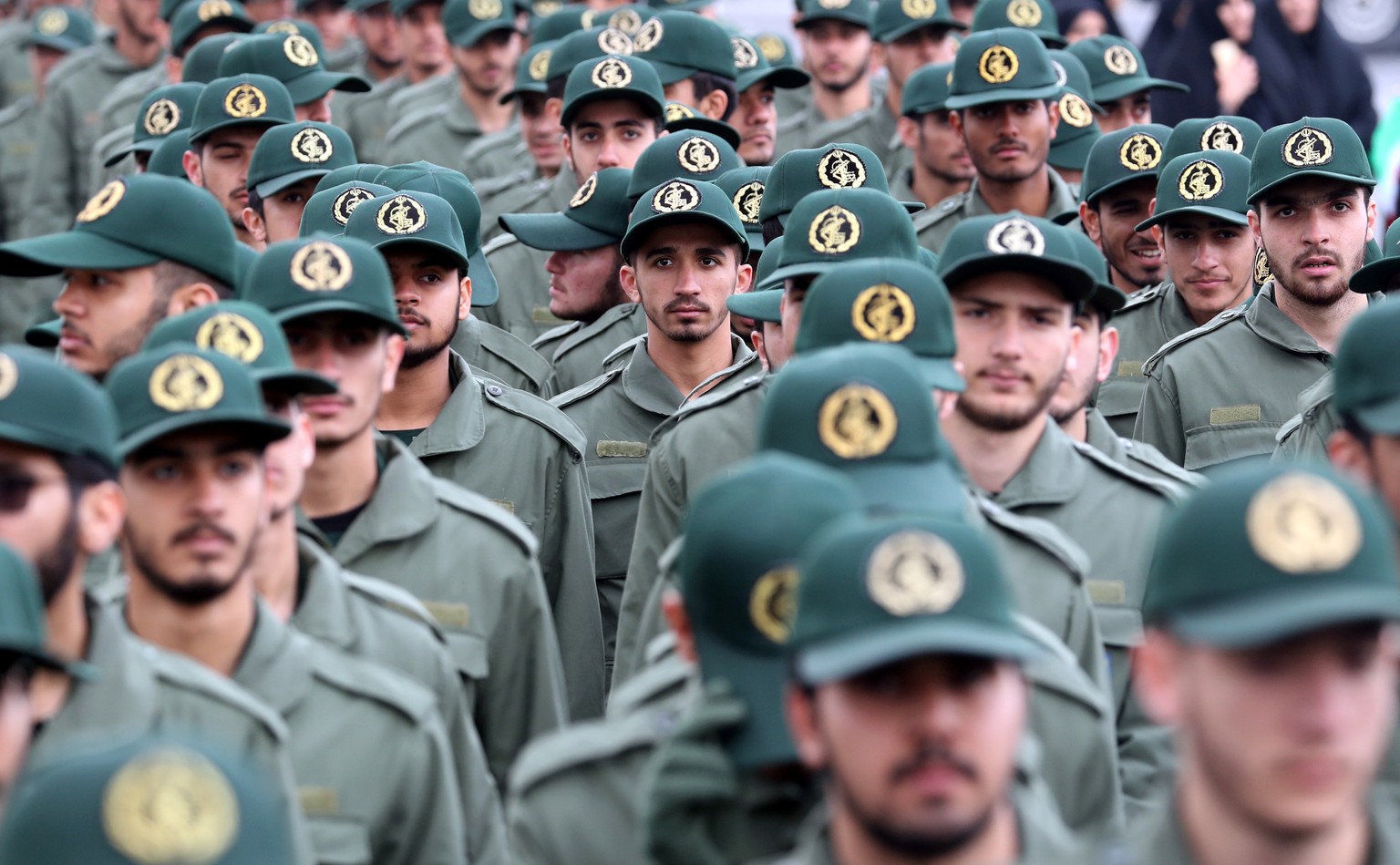 epa07367776 (FILE) - Members of Iranian revolutionary guards corps (IRGC) shout slogans during a ceremony marking the 40th anniversary of the 1979 Islamic revolution, at the Azadi (Freedom) square in  ...