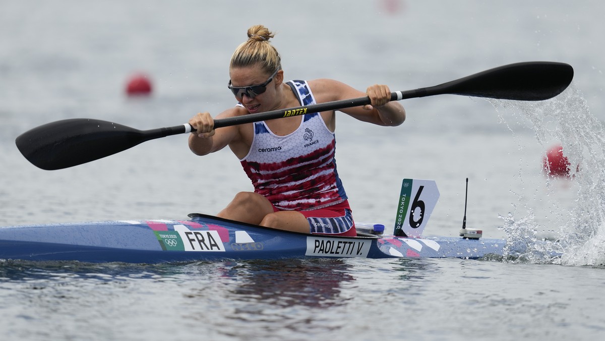 Vanina Paoletti of France competes in the women's kayak single 200m heat during the 2020 Summer Olympics, Monday, Aug. 2, 2021, in Tokyo, Japan. (AP Photo/Lee Jin-man)