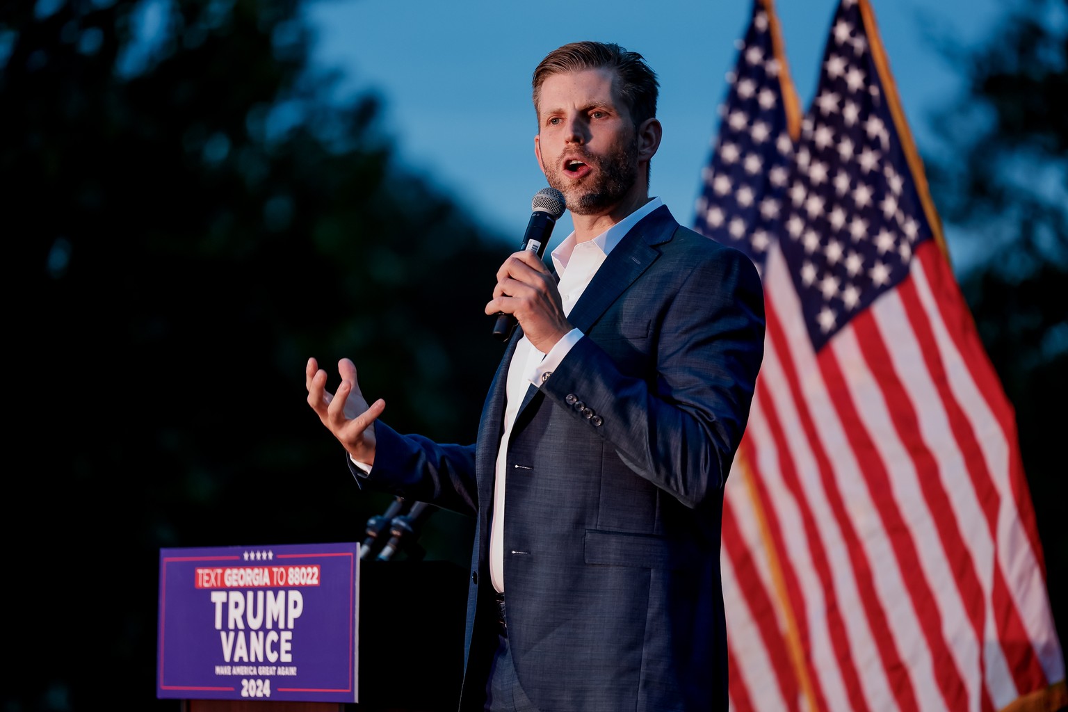 epa11696728 Eric Trump campaigns on behalf of his father, former US president and Republican presidential nominee Donald Trump, at the Foxhall Resort in Douglasville, Georgia, USA, 01 November 2024. D ...
