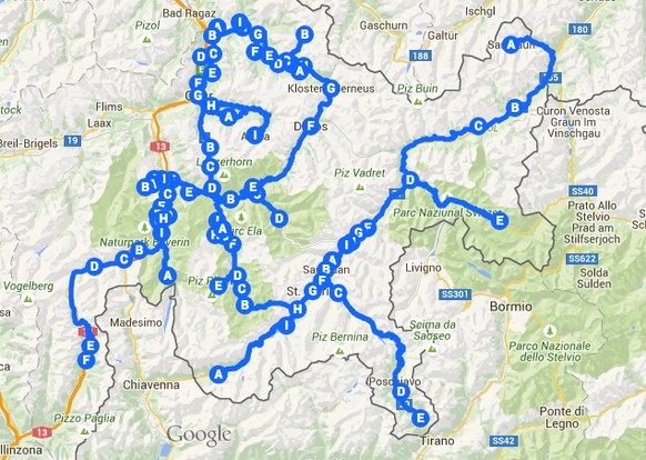 Überall Sackgassen: Das Val Müstair (Punkte E rechts), das Puschlav (Punkte D und E unten), das Bergell (Punkt A unten), Bergün (Punkt D Mitte), St.Antönien (Punkt B oben), Arosa (Punkt I Mitte).