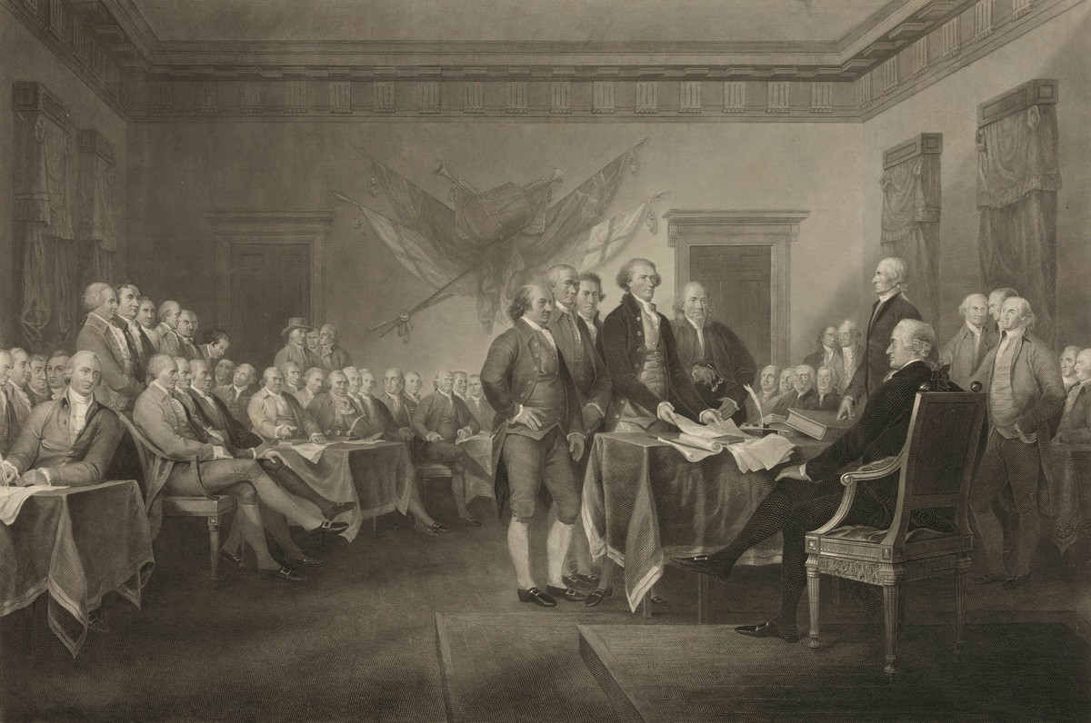 ADVANCE FOR USE THURSDAY, OCT. 20, 2016 AND THEREAFTER-This 1876 engraving by W.L. Ormsby shows a version of the painting "Declaration of Independence, July 4th, 1776" by John Trumbull. To m ...