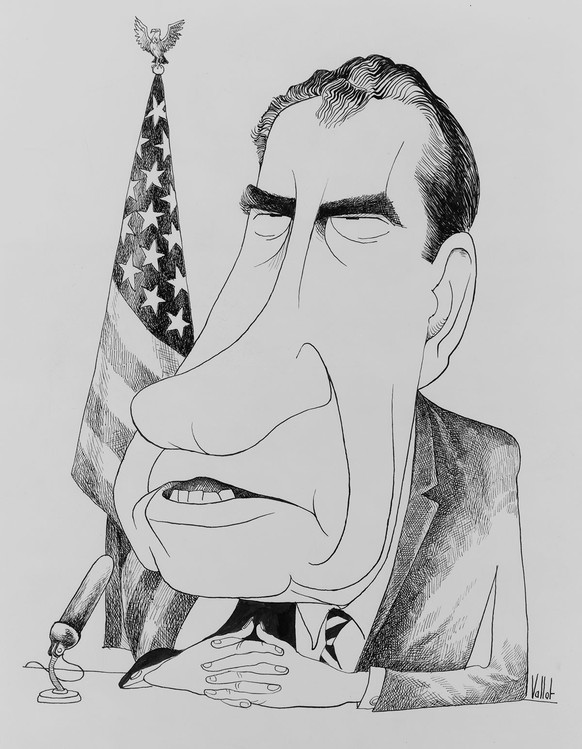 Karikatur von Richard Nixon, der versucht, dem amerikanischen Volk die Watergate-Affäre zu erklären.
https://www.loc.gov/item/2002709653/